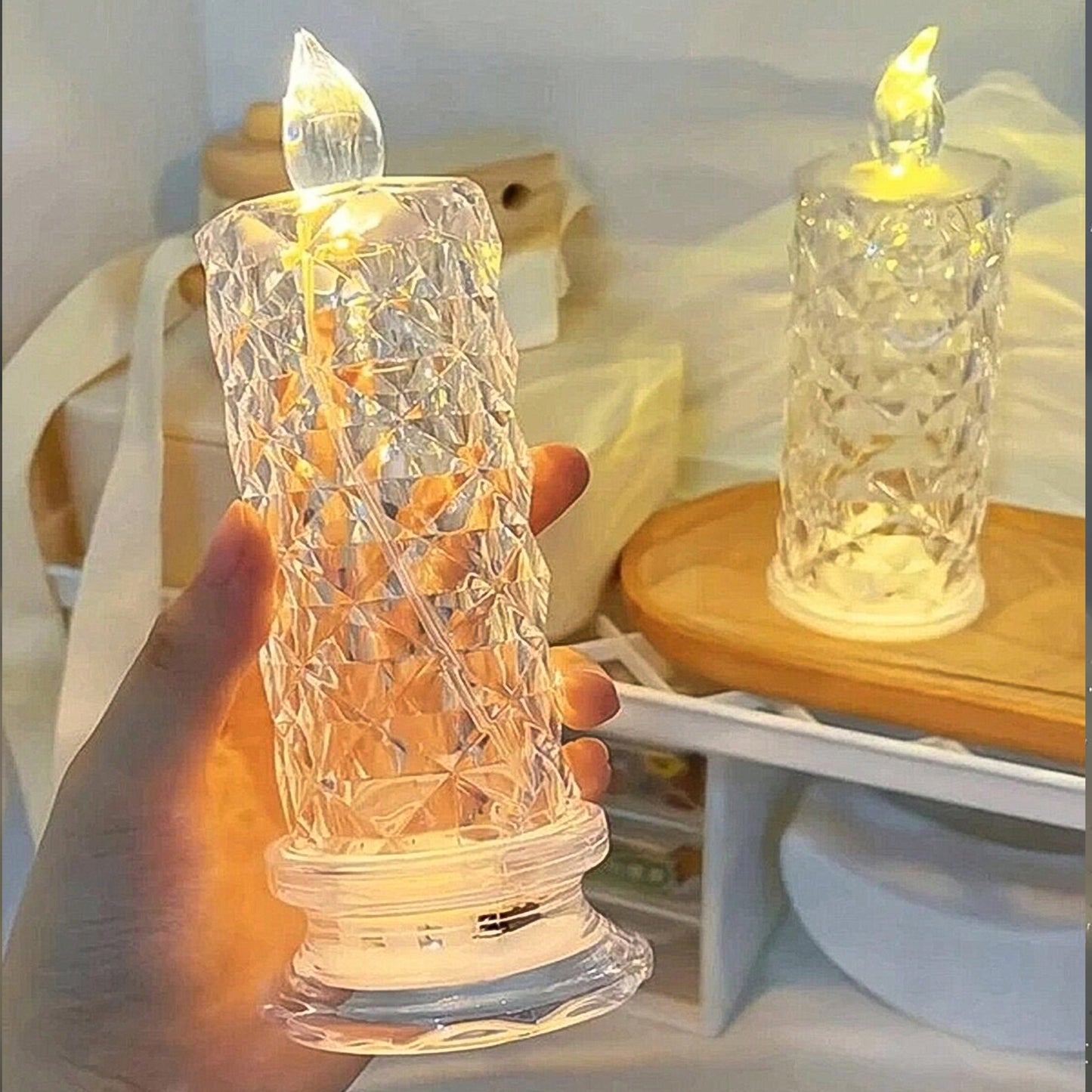 Wukusy 6241 Rose candles for home decoration featuring crystal candle lights on a decorative surface.