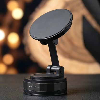 Wukusy premium magnetic mobile holder stand holding a smartphone, adjustable design, black finish, on a desk.