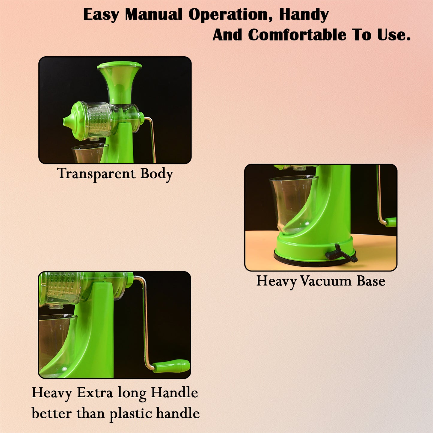 Wukusy Supermom manual hand press fruit and vegetable juicer showing its compact design and sturdy handle for fresh juice extraction.