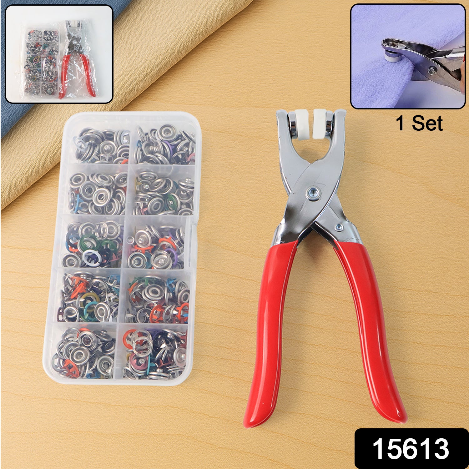 Wukusy heavy duty snap button fastener plier tool kit with multiple parts and buttons for securing clothing and accessories.