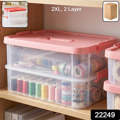 Transparent plastic storage box with lid, 2-layer stackable organizer by Wukusy, ideal for organizing household or office items.