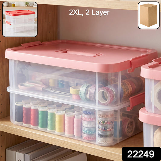 Transparent plastic storage box with lid, 2-layer stackable organizer by Wukusy, ideal for organizing household or office items.