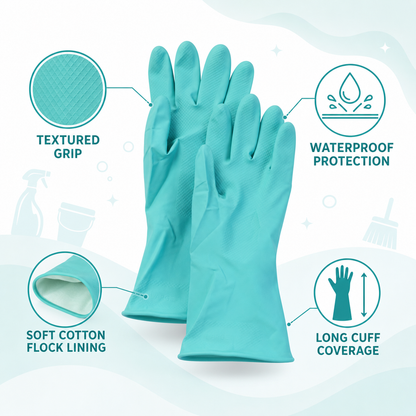 Pair of large Wukusy Victor Green rubber cleaning gloves for kitchen dishwashing, reusable and durable for household chores.