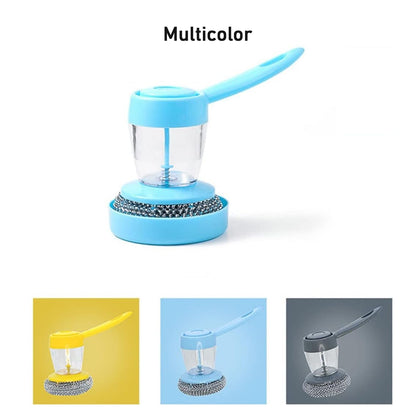 Wukusy handheld soap dispenser with scrub brush set for kitchen or bathroom cleaning, featuring a pump dispenser and scrubbing brush.