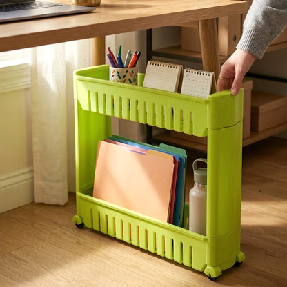 Wukusy Prexo plastic 2-layer slim storage rack on wheels with handles, compact and lightweight for versatile storage.