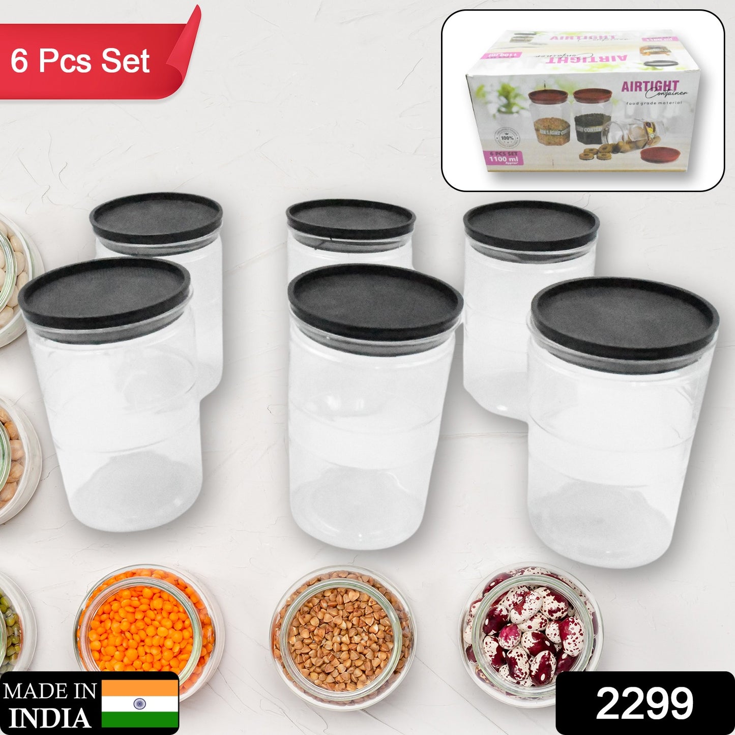 Set of 6 Wukusy 1100ml round airtight kitchen storage containers for rice, flour, cereals, and snacks, stackable and BPA-free.