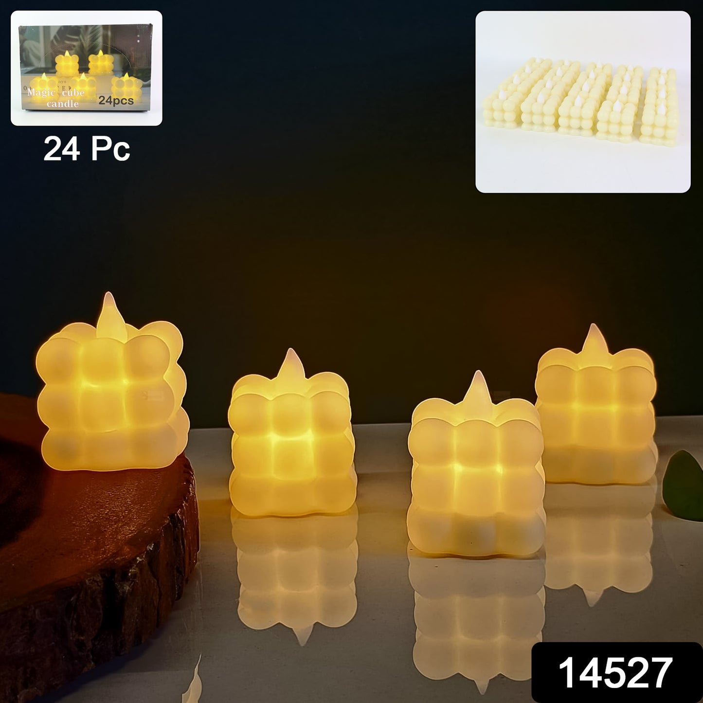 Set of 24 Wukusy LED flameless cube candles for home decor, featuring warm, flickering light and realistic candle design.