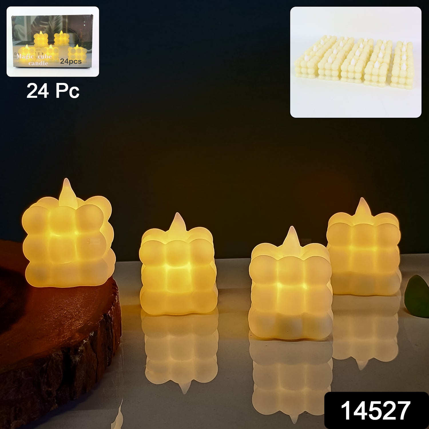 Set of 24 Wukusy LED flameless cube candles for home decor, featuring warm, flickering light and realistic candle design.