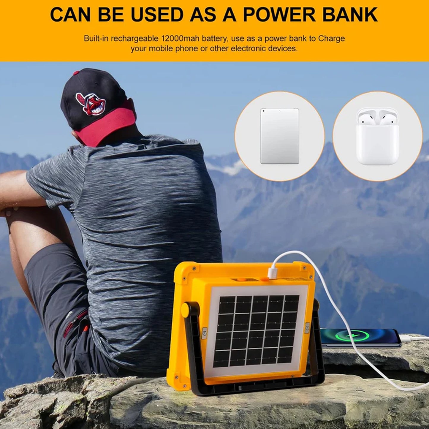 Wukusy high power solar LED flood light with 12000mAh battery, outdoor security or landscape lighting, black metal design