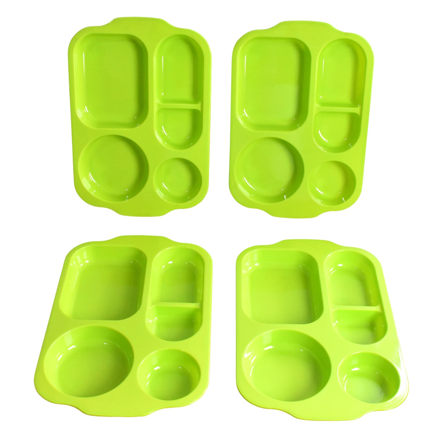 Wukusy 5363 unbreakable plastic food plates with five compartments, square biodegradable design for serving meals in the kitchen.