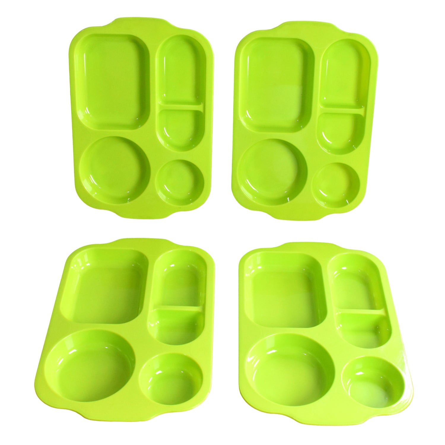 Wukusy 5363 unbreakable plastic food plates with five compartments, square biodegradable design for serving meals in the kitchen.