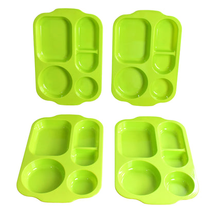Wukusy 5363 unbreakable plastic food plates with five compartments, square biodegradable design for serving meals in the kitchen.