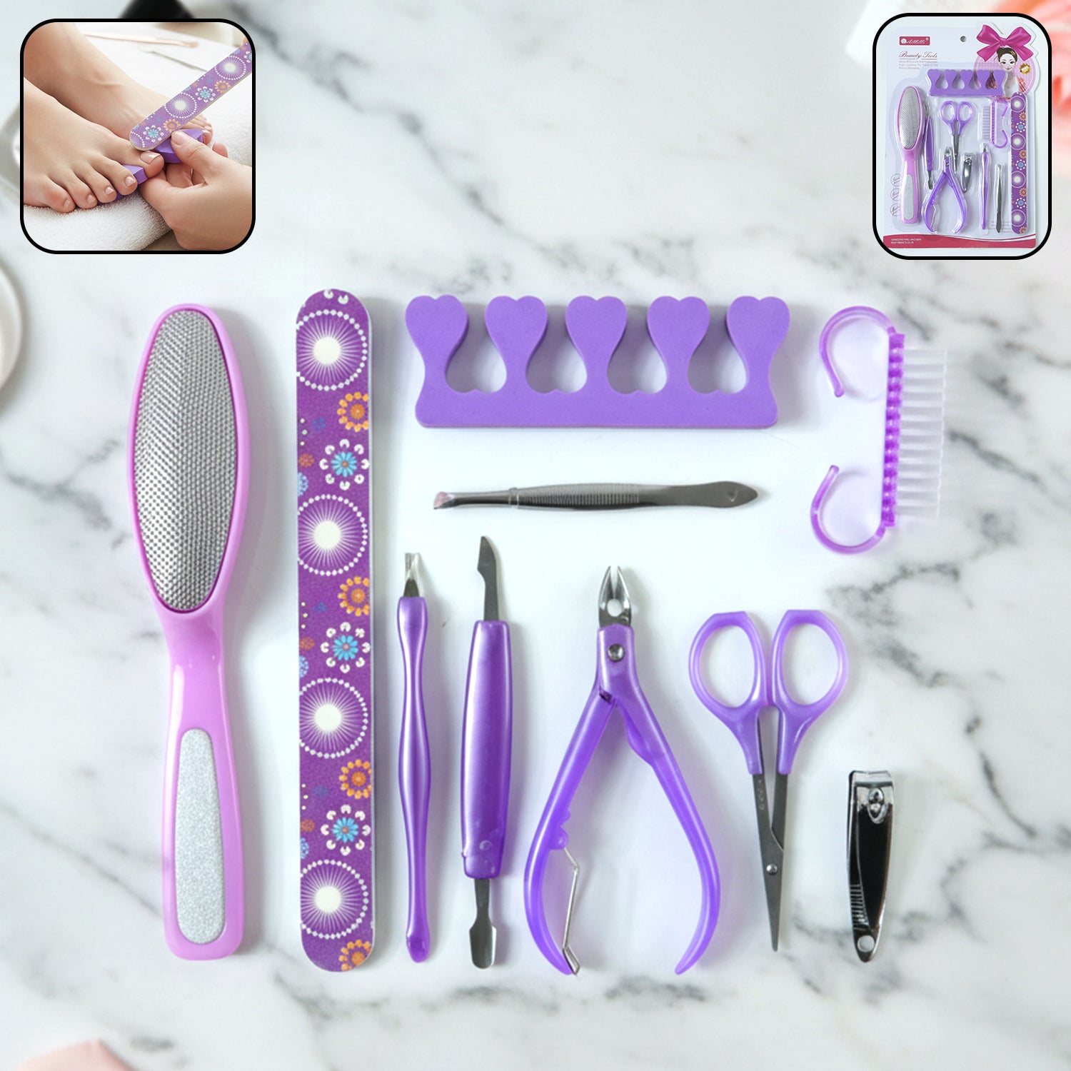 Wukusy 10-piece personal grooming manicure and pedicure nail care tool set with scissors, clippers, files, and cuticle pushers.