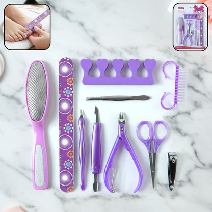 Wukusy 10-piece personal grooming manicure and pedicure nail care tool set with scissors, clippers, files, and cuticle pushers.