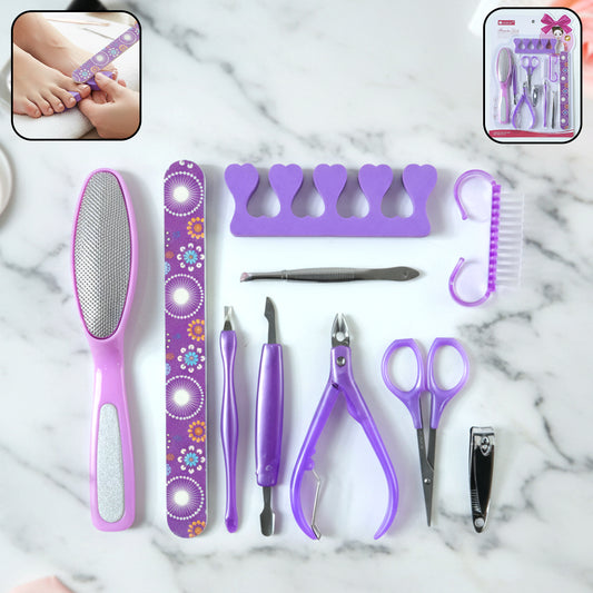 Wukusy 10-piece personal grooming manicure and pedicure nail care tool set with scissors, clippers, files, and cuticle pushers.