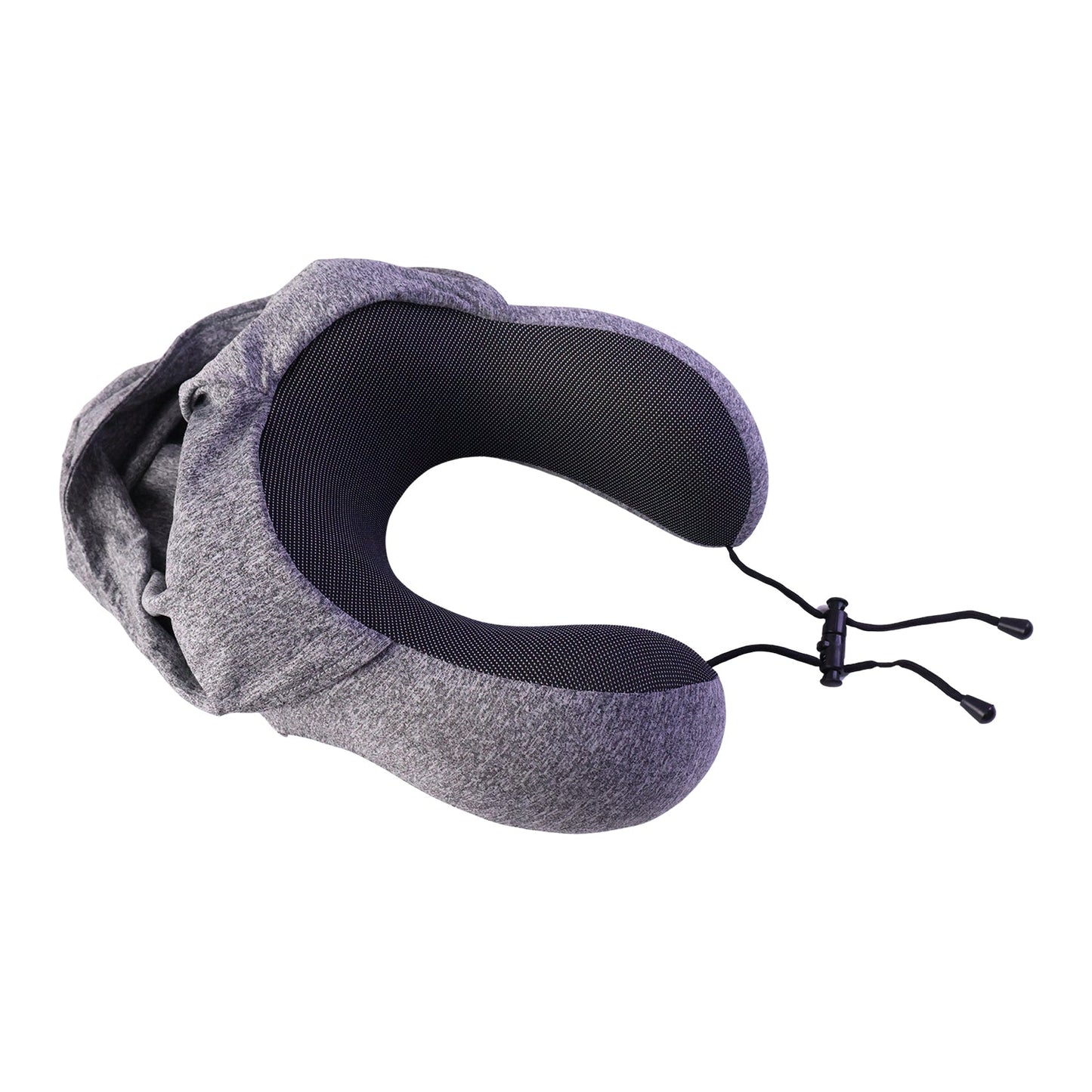 Grey U-shaped hooded travel neck pillow with drawstring hood and Wukusy branding, designed for comfort during travel.