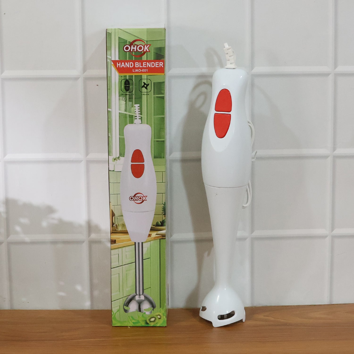 Wukusy electric hand blender stick with stainless steel blending shaft and ergonomic handle, ready for kitchen use