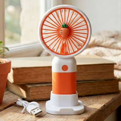 Wukusy rechargeable mini handheld fan with foldable blades, compact portable design, ideal for personal cooling.