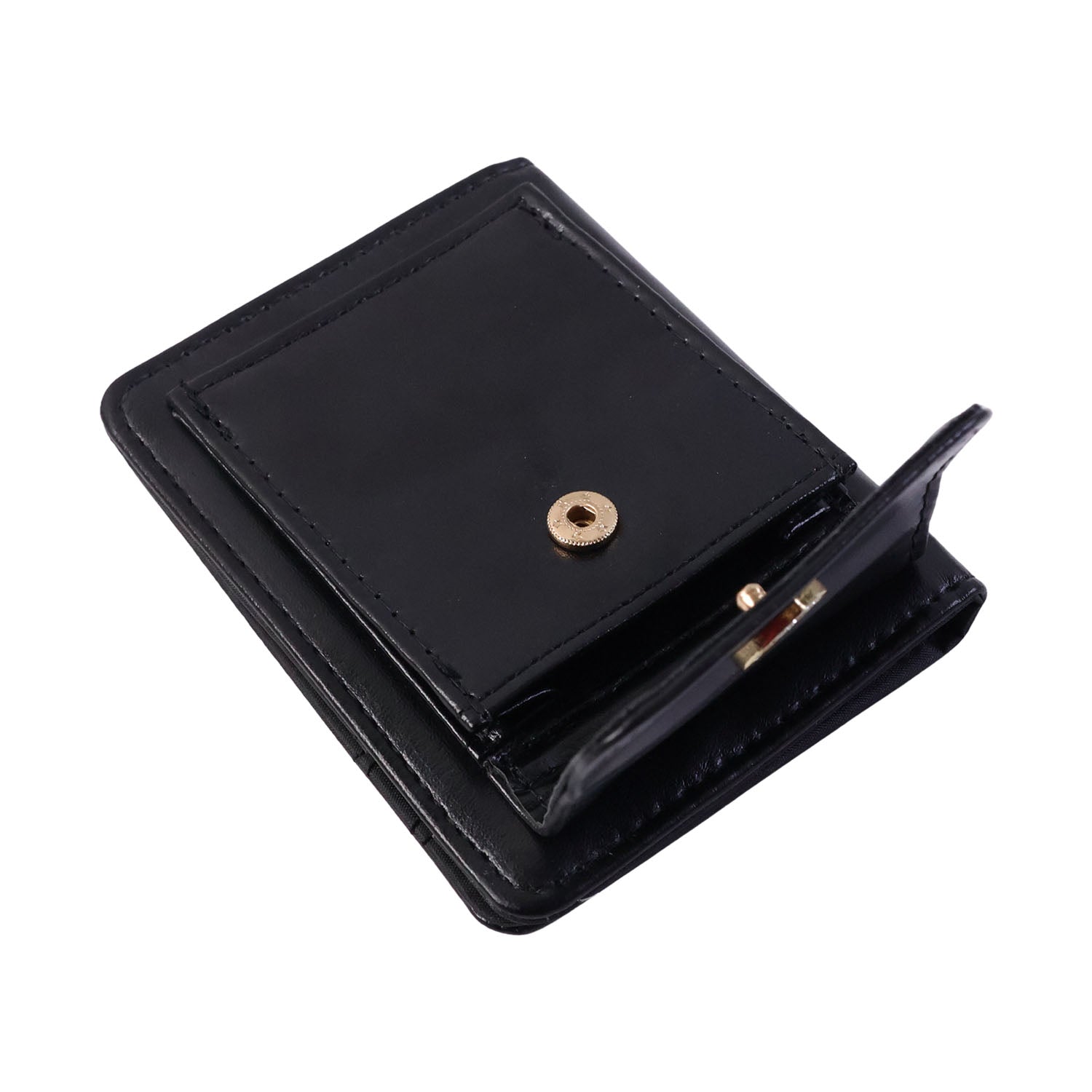 Wukusy compact snap button card holder wallet with multiple card slots, black leather finish, and secure snap closure.