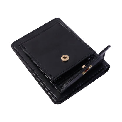 Wukusy compact snap button card holder wallet with multiple card slots, black leather finish, and secure snap closure.