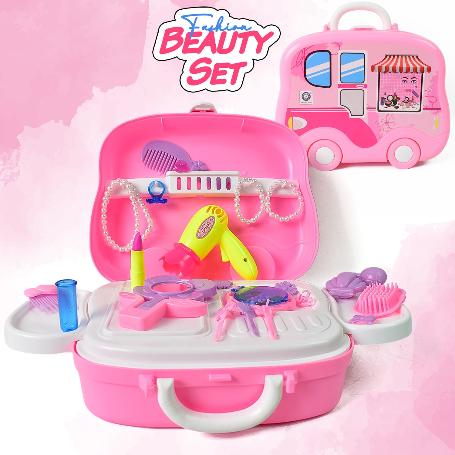 Colorful Wukusy beauty makeup case and cosmetic set toy with pretend makeup accessories for kids' pretend play.