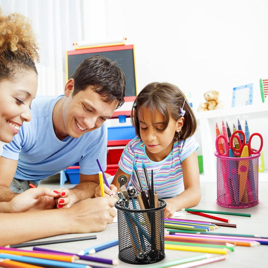 Wukusy metal mesh office pen holder on desk, holds pens, pencils, and stationery, with a sturdy vertical design for organization.