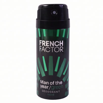 Wukusy French Factor Man Of The Year green body spray bottle, 150ml, showcasing sleek packaging with green accents.