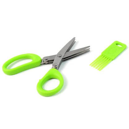 Wukusy premium 3-blade multipurpose kitchen scissors with built-in cleaning comb, showing sharp blades and ergonomic handles.