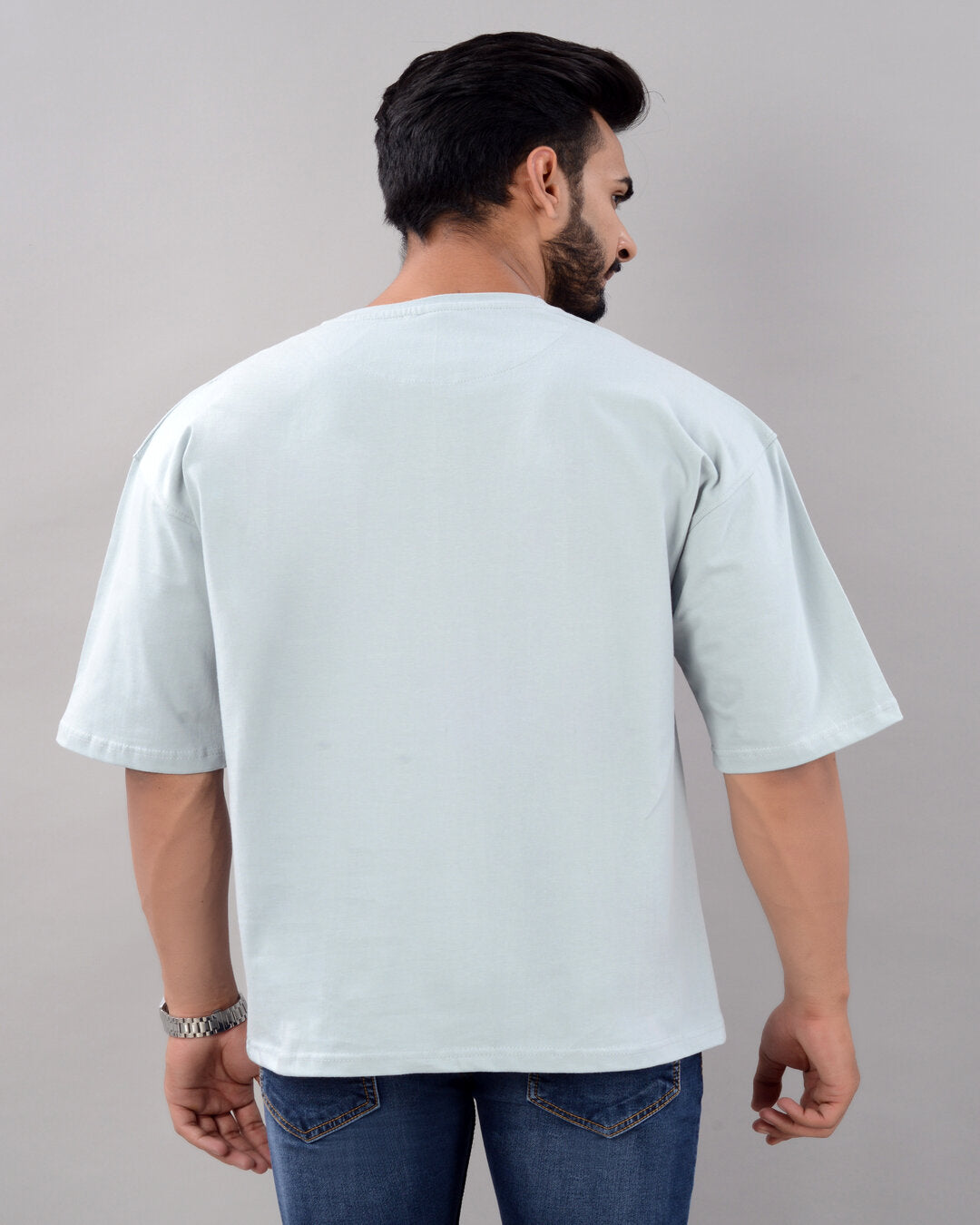Men's turquoise cotton blend oversized T-shirt with graphic print, drop shoulder, round neck, half sleeves, from Drpshippr collection.