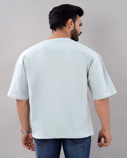 Men's turquoise cotton blend oversized T-shirt with graphic print, drop shoulder, round neck, half sleeves, from Drpshippr collection.