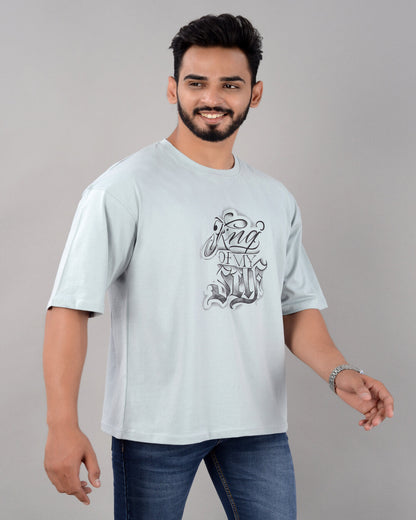 Men's turquoise cotton blend oversized graphic T-shirt with drop shoulder, round neck, and half sleeves from Drpshippr.