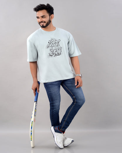 Men's oversized cotton blend T-shirt with drop shoulder, round neck, half sleeves, turquoise graphic print from Drpshippr.