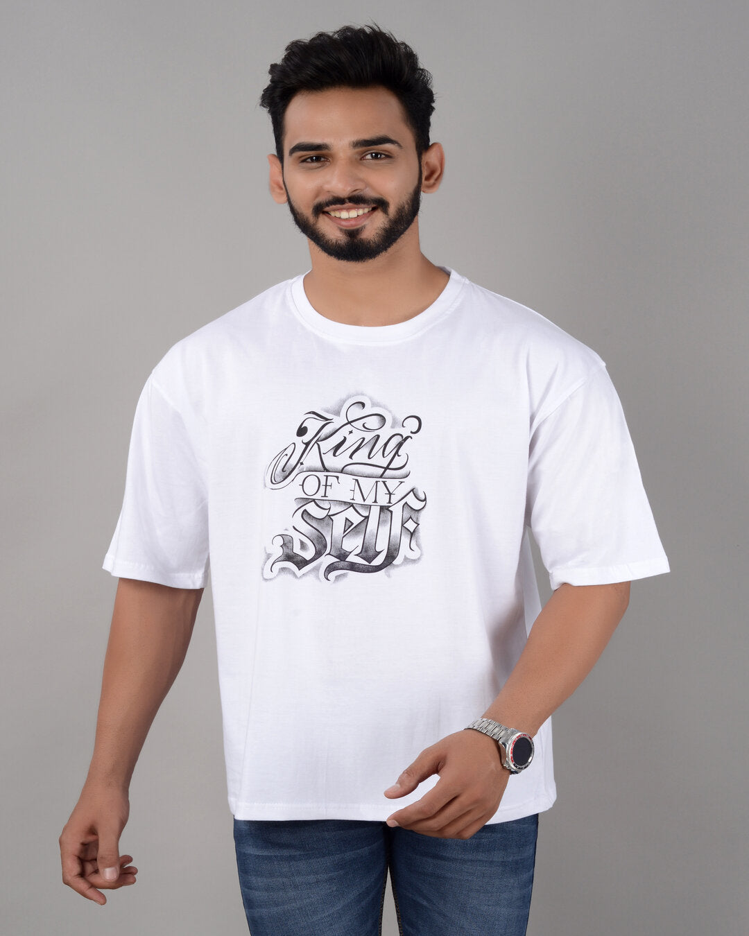 White cotton blend men's oversized graphic T-shirt with drop shoulder, round neck, and half sleeves from Drpshippr.
