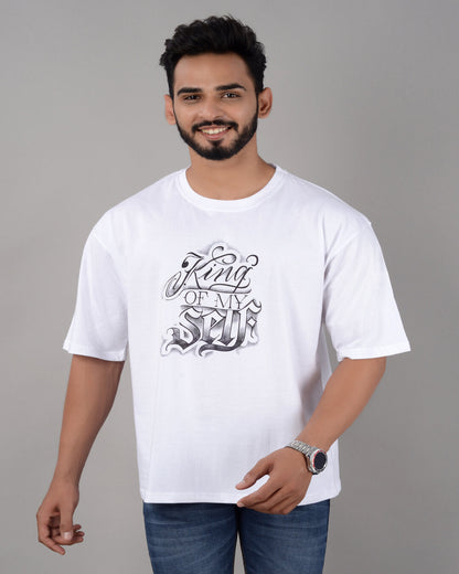 White cotton blend men's oversized graphic T-shirt with drop shoulder, round neck, and half sleeves from Drpshippr.