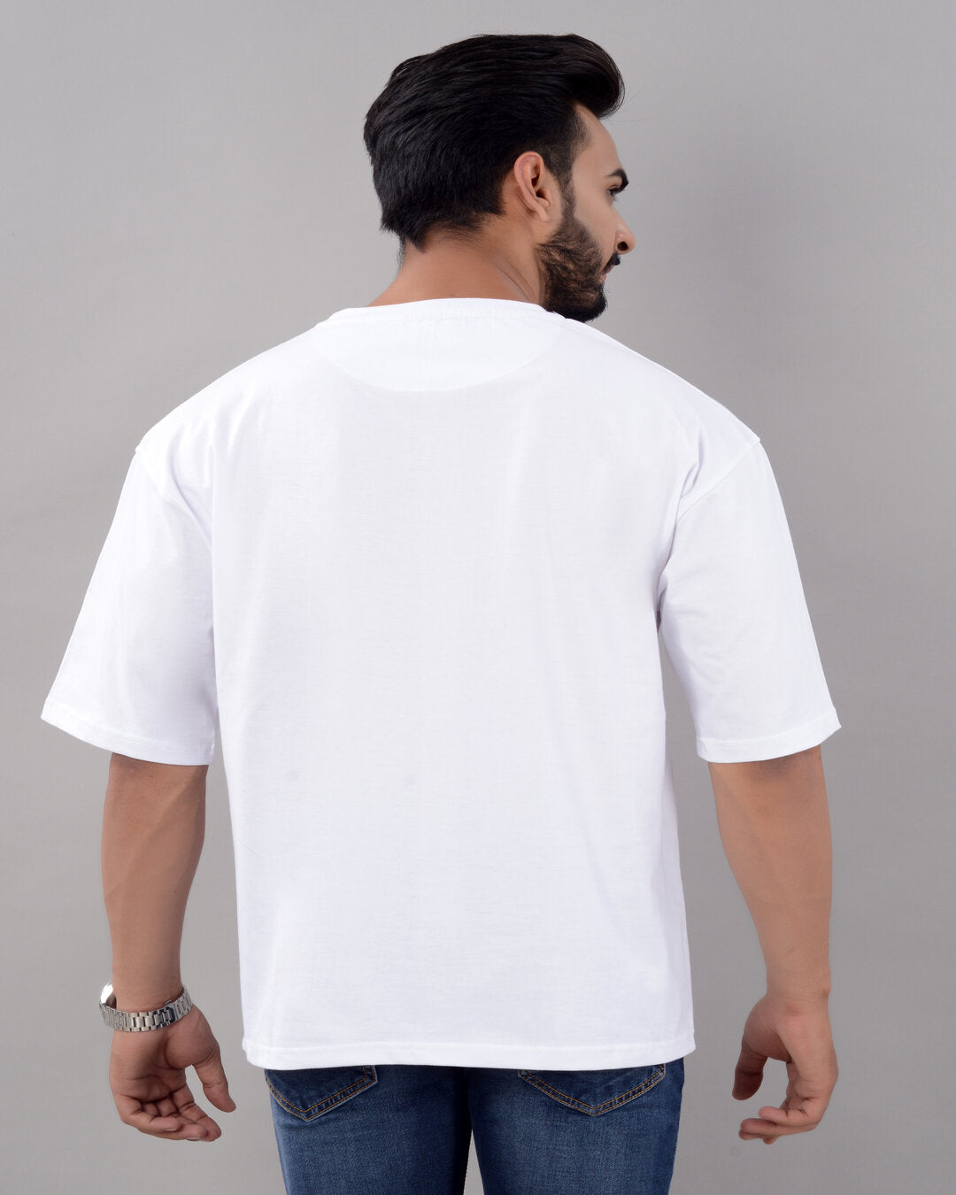 Men's white cotton blend oversized T-shirt with drop shoulder, round neck, half sleeves, and graphic print from Drpshippr.