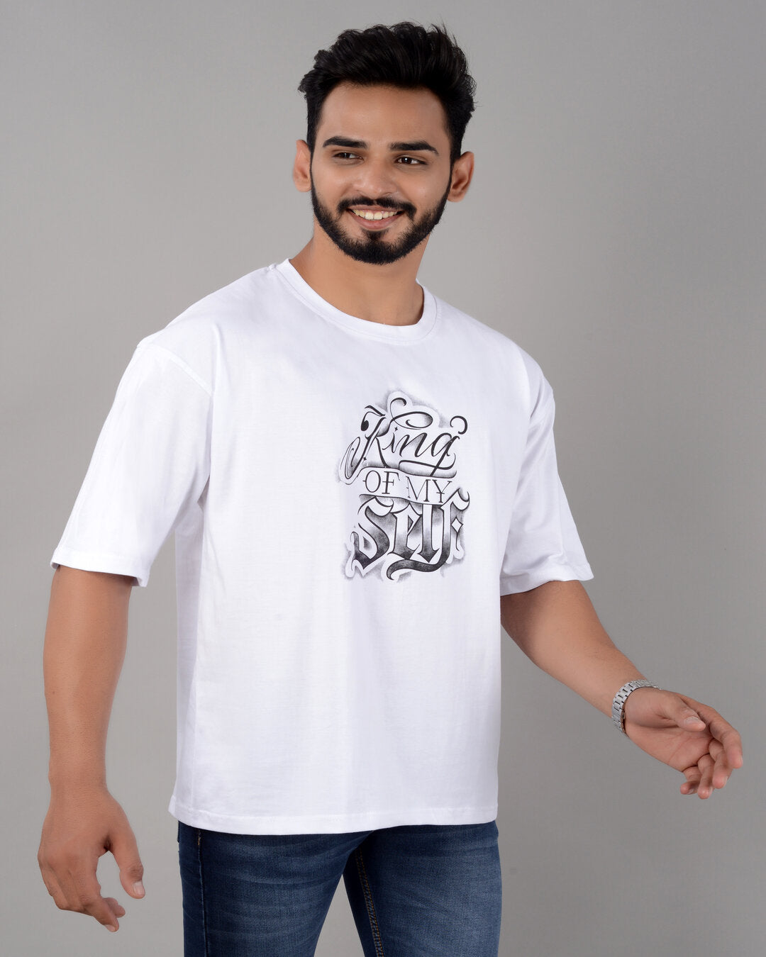 Men's white cotton blend oversized T-shirt with graphic print, drop shoulder, round neck, half sleeves, from Drpshippr Men's Collection