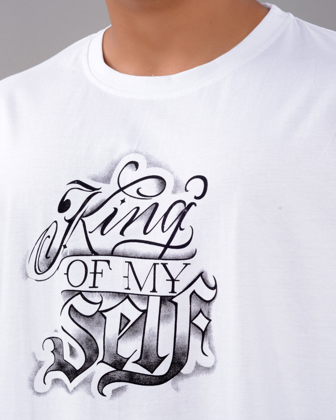 Men's white cotton blend oversized T-shirt with graphic print, drop shoulder, round neck, half sleeves, from Drpshippr collection.