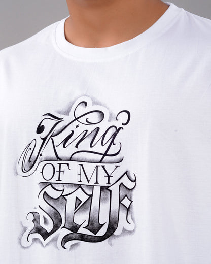 Men's white cotton blend oversized T-shirt with graphic print, drop shoulder, round neck, half sleeves, from Drpshippr collection.