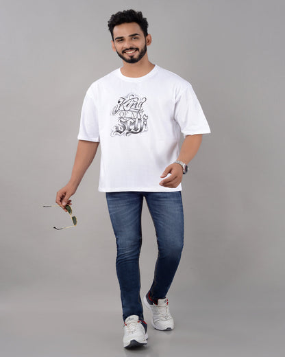 White men's cotton blend oversized graphic T-shirt with drop shoulder, round neck, and half sleeves from Drpshippr.