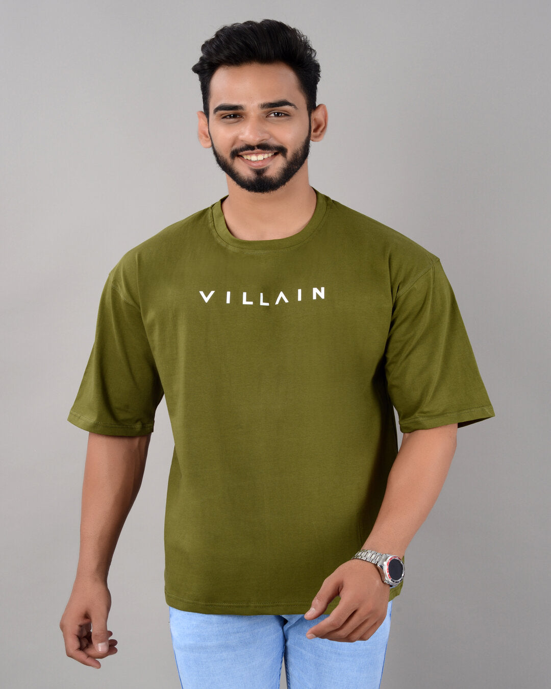 Men's olive cotton blend oversized T-shirt with drop shoulder, round neck, and half sleeves from Drpshippr men's collection.