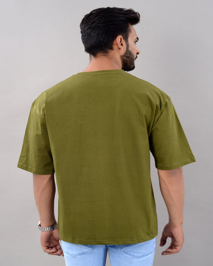Men's olive green cotton blend T-shirt with oversized fit, drop shoulder, round neck, and half sleeves from Drpshippr Men's Collection.