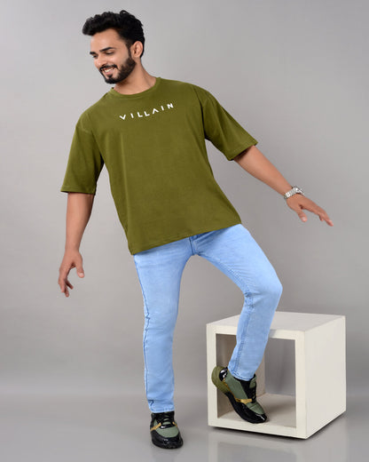 Men's olive green cotton blend oversized T-shirt with drop shoulders, round neck, half sleeves, typography design from Drpshippr.