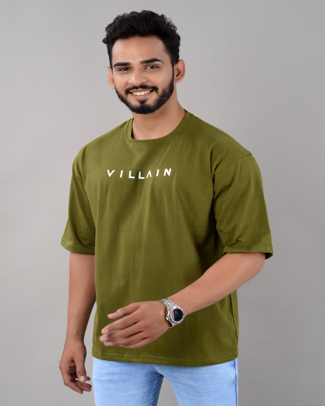 Men's olive cotton blend oversized T-shirt with drop shoulders, round neck, half sleeves, and typography design by Drpshippr.