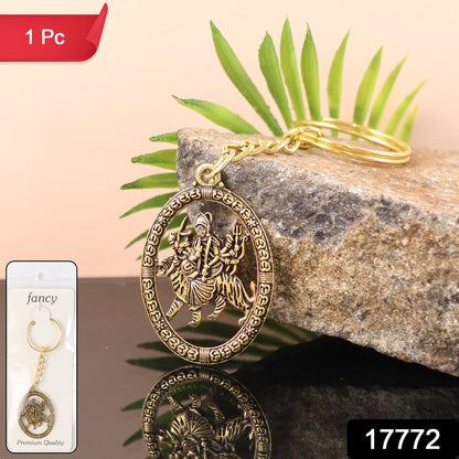 Golden Durga Maa keychain by Wukusy, featuring detailed metal craftsmanship, ideal as a spiritual accessories charm.
