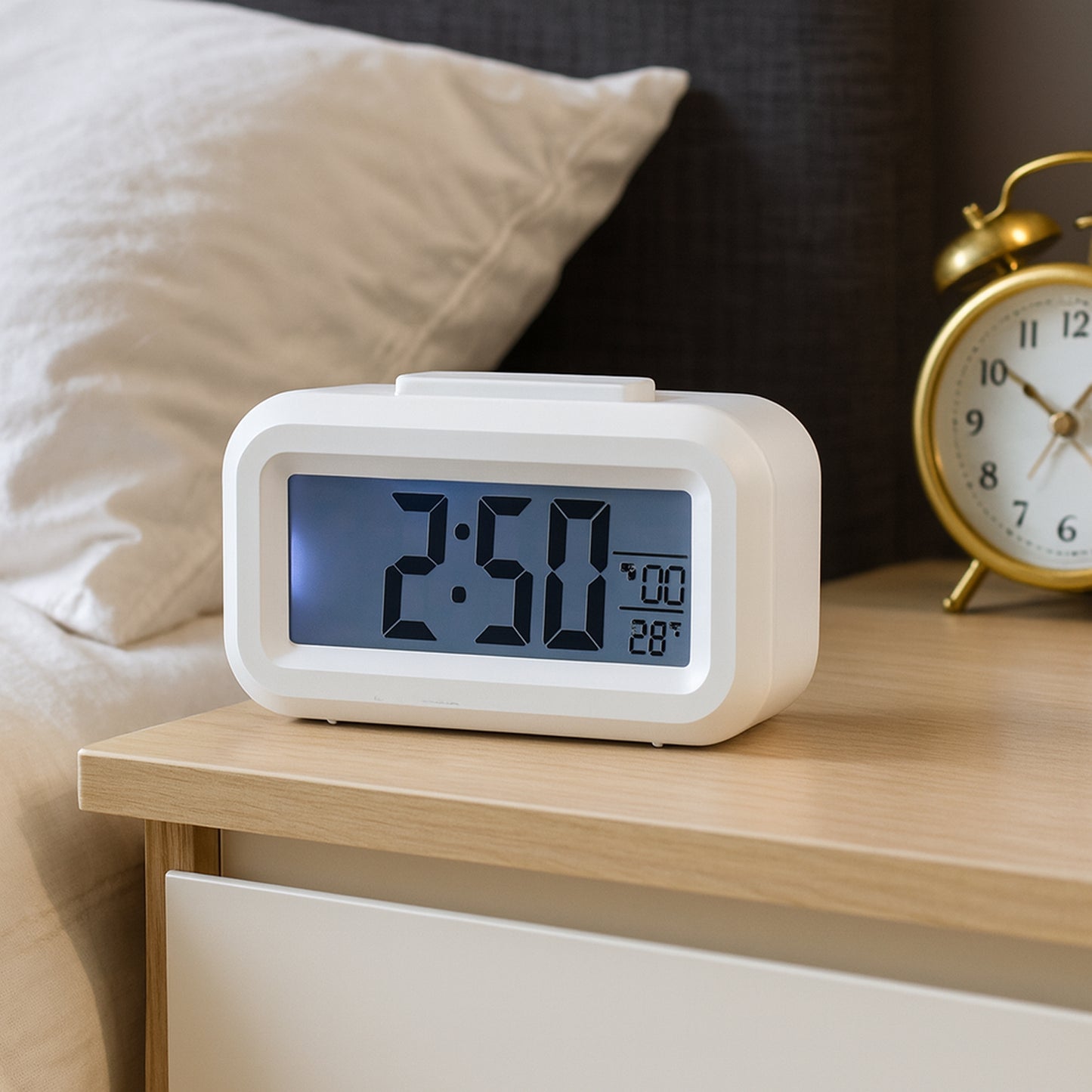 Modern digital LED alarm mini clock by Wukusy showing time display and sleek black design for home improvement.