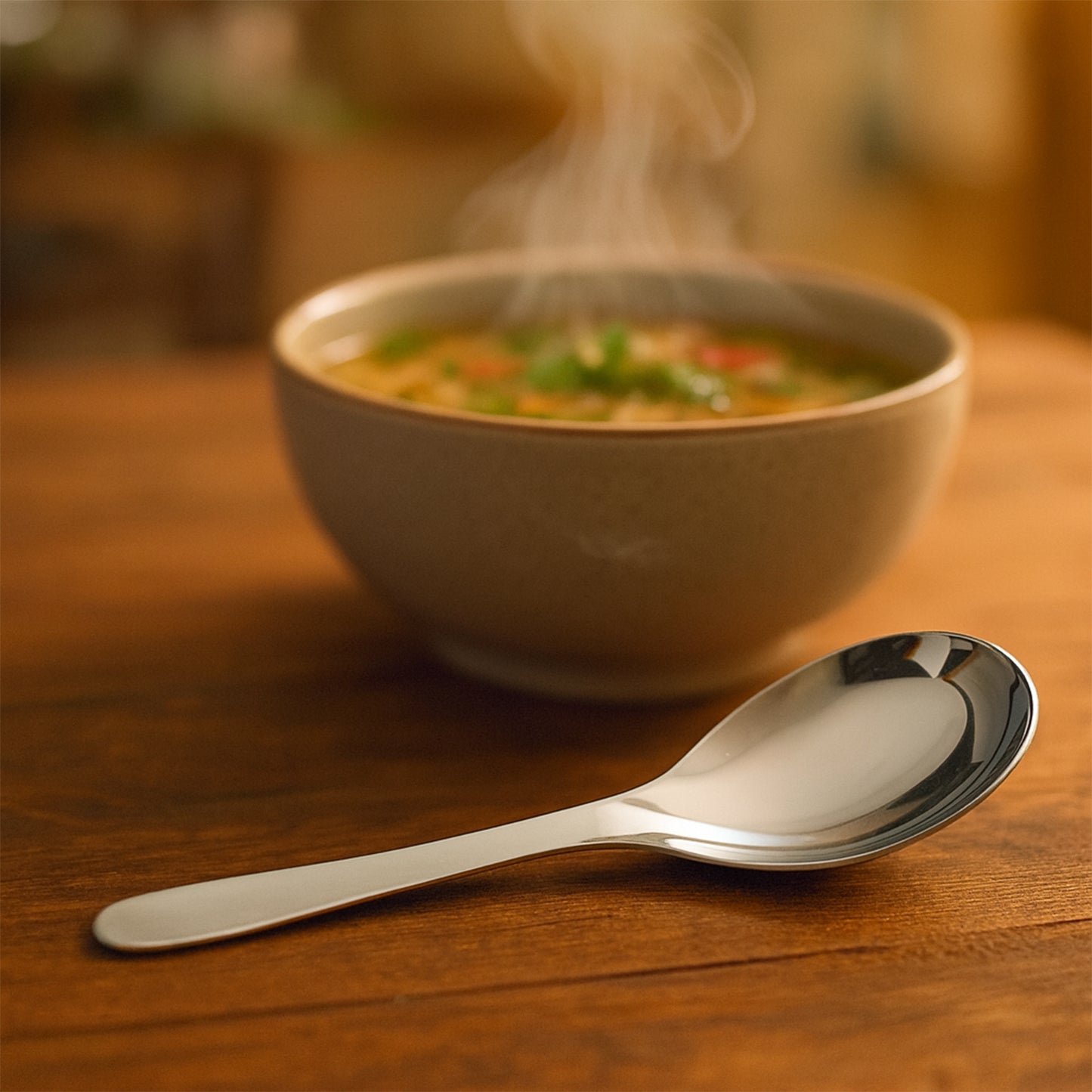 Six Wukusy Apex Premium stainless steel soup spoons arranged in a set, showcasing sleek, polished handles and rounded spoon bowls.