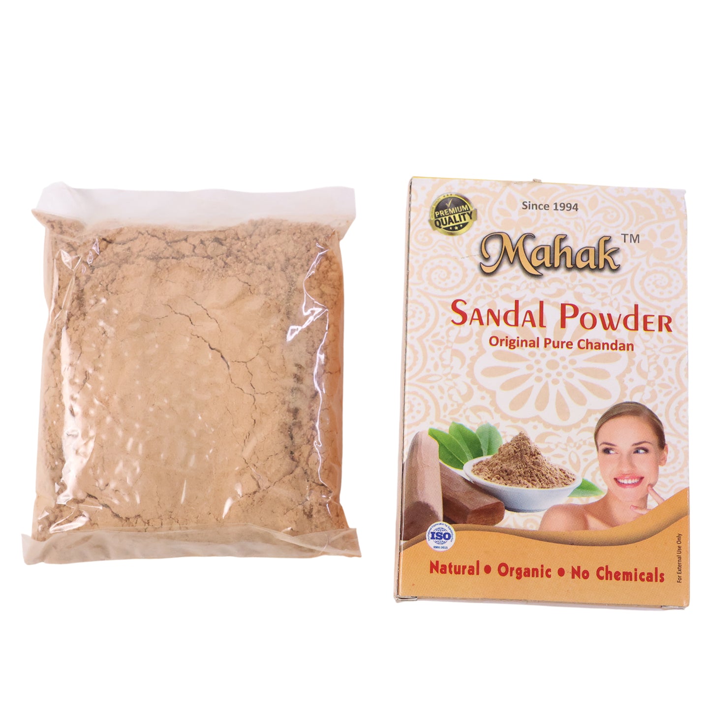Natural sandal powder from Wukusy for traditional skincare, 50g, showing fine beige powder in a clear container.