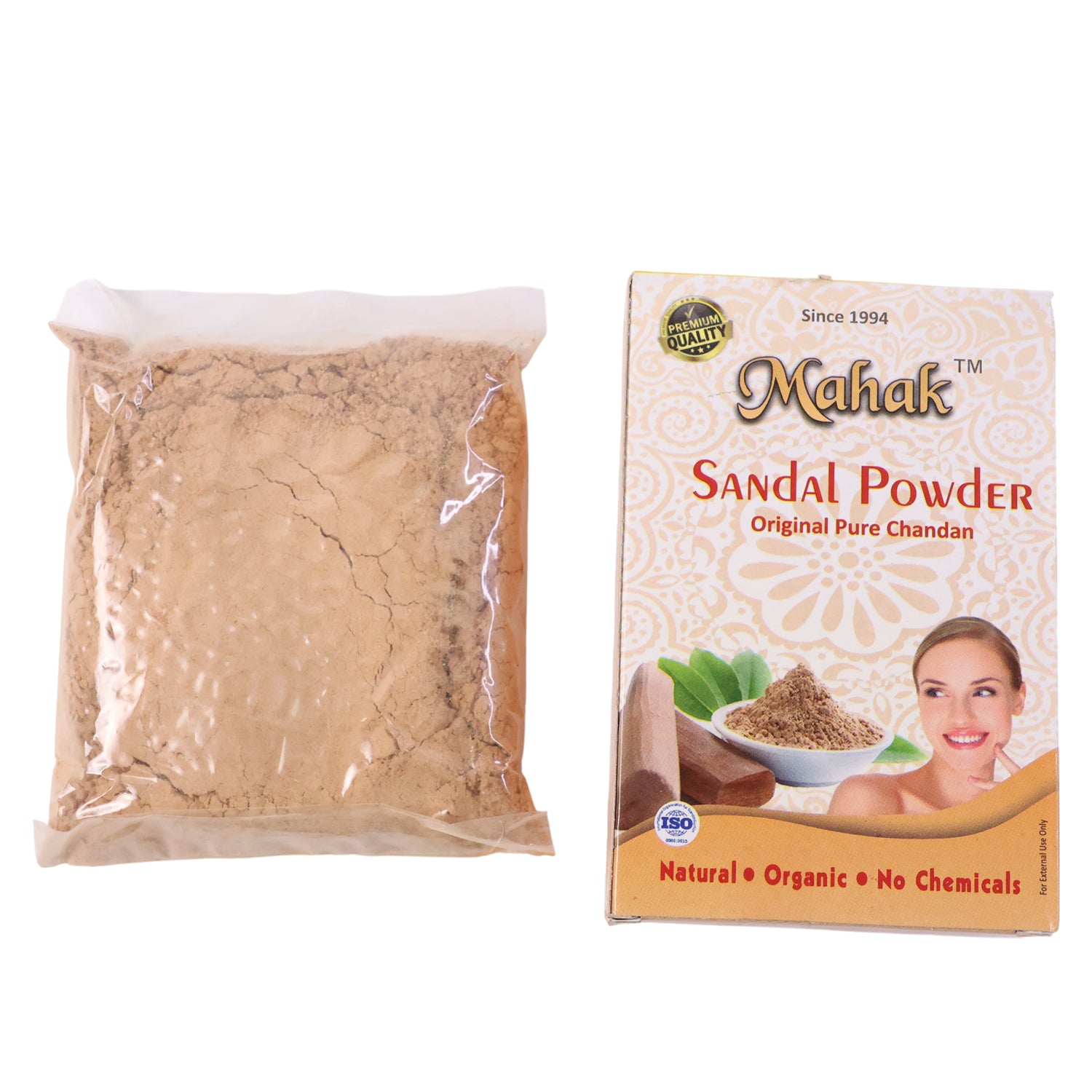 Natural sandal powder from Wukusy for traditional skincare, 50g, showing fine beige powder in a clear container.