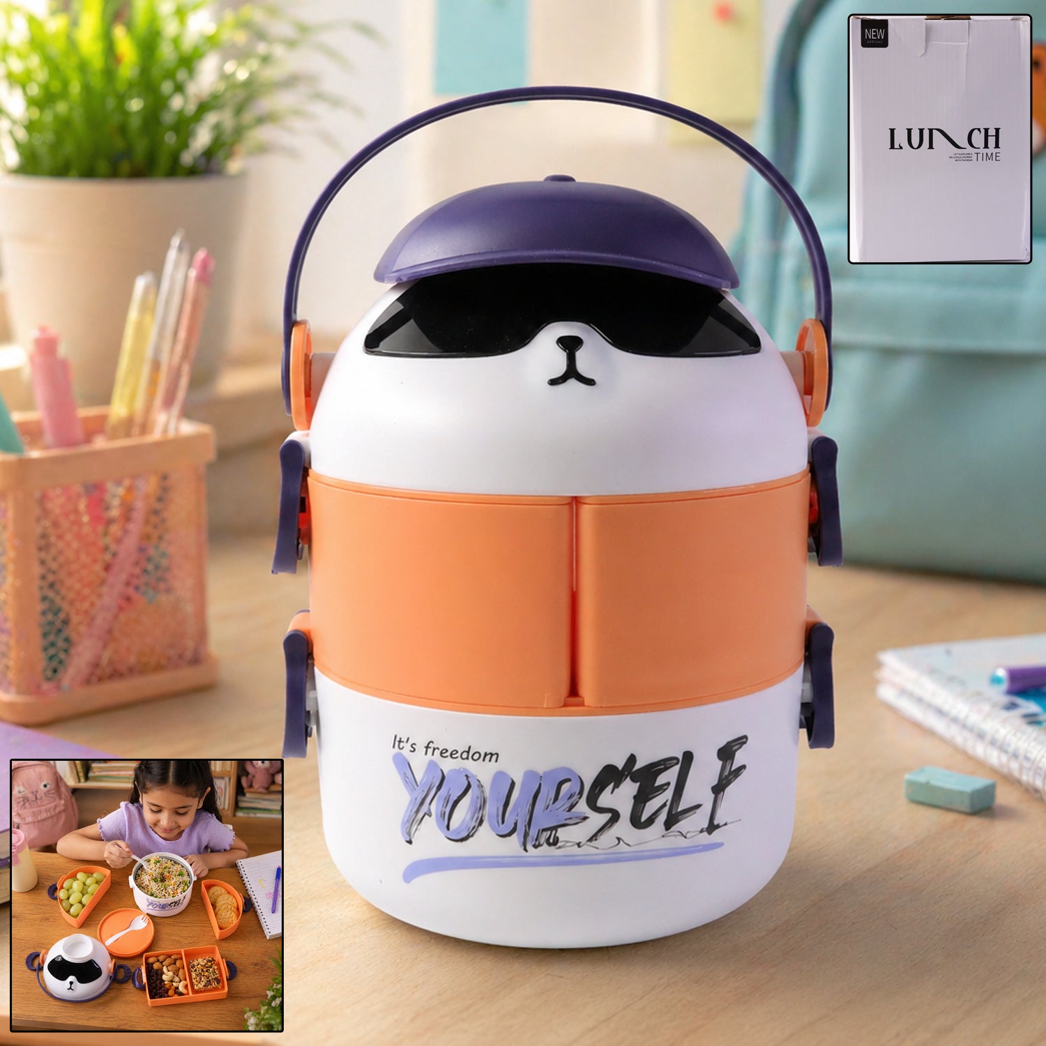 Cute cartoon double layer lunch box by Wukusy with colorful design and secure compartments for kids' meals.