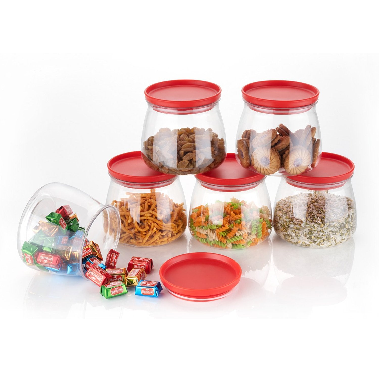 Set of 6 multicolour 900ml Wukusy Matka-shaped jars with air-tight, leak-proof lids for kitchen storage.